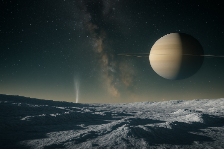 A distant water plume jets into space from the surface of Enceladus. Render credit: ChatGPT