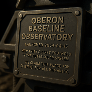 OBO mission plaque in dim Oberon sunlight. Render credit: ChatGPT